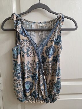 Maurices Blue Paisley Tie-Shoulder Surplice Tank